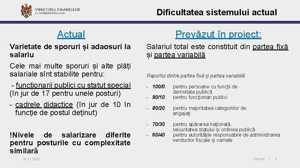 Dificultatea sistemului actual Actual Prevăzut în proiect: Varietate de sporuri și adaosuri la salariu