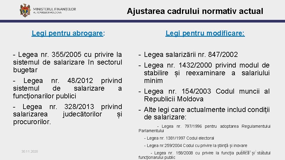 Ajustarea cadrului normativ actual Legi pentru abrogare: Legi pentru modificare: - Legea nr. 355/2005