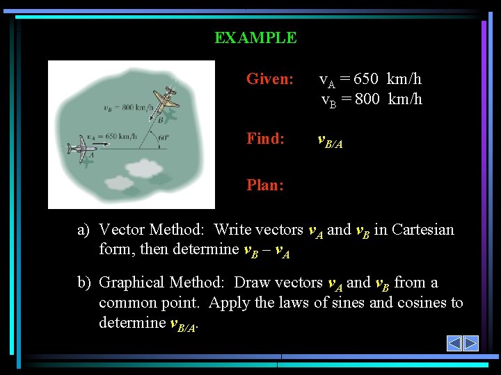 EXAMPLE Given: v. A = 650 km/h v. B = 800 km/h Find: v.