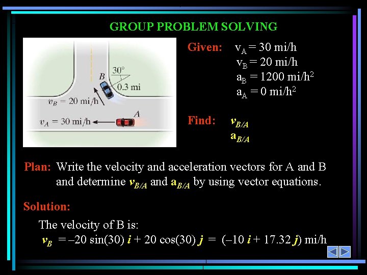 GROUP PROBLEM SOLVING Given: Find: v. A = 30 mi/h v. B = 20