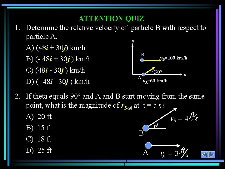 ATTENTION QUIZ 1. Determine the relative velocity of particle B with respect to particle