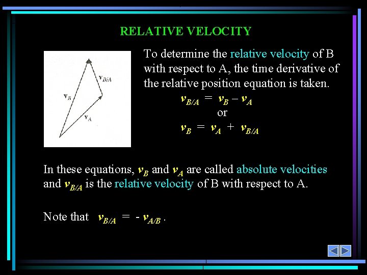 RELATIVE VELOCITY To determine the relative velocity of B with respect to A, the