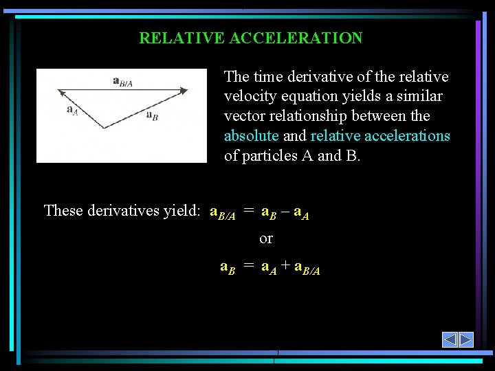 RELATIVE ACCELERATION The time derivative of the relative velocity equation yields a similar vector