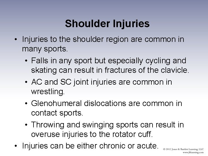 Shoulder Injuries • Injuries to the shoulder region are common in many sports. •