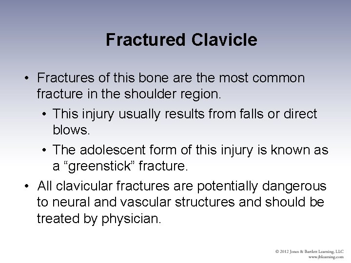 Fractured Clavicle • Fractures of this bone are the most common fracture in the