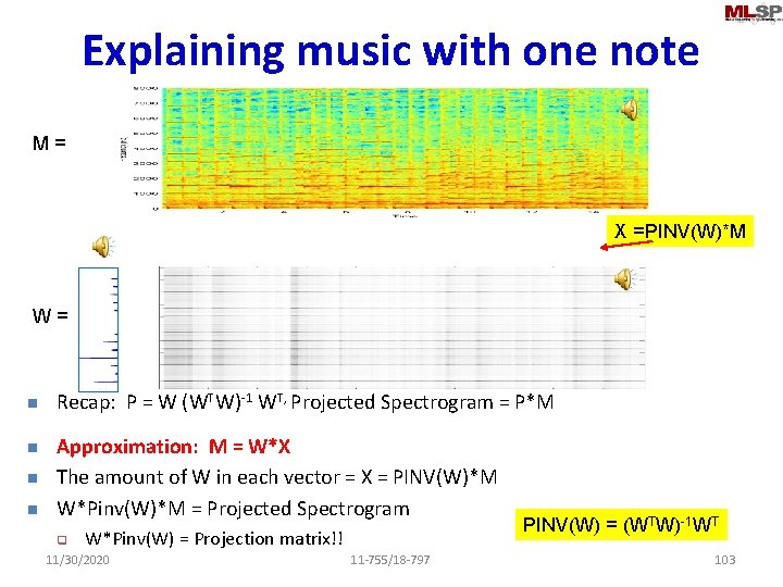 Explaining music with one note M = X =PINV(W)*M W = n n Recap: