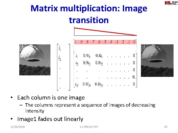 Matrix multiplication: Image transition • Each column is one image – The columns represent