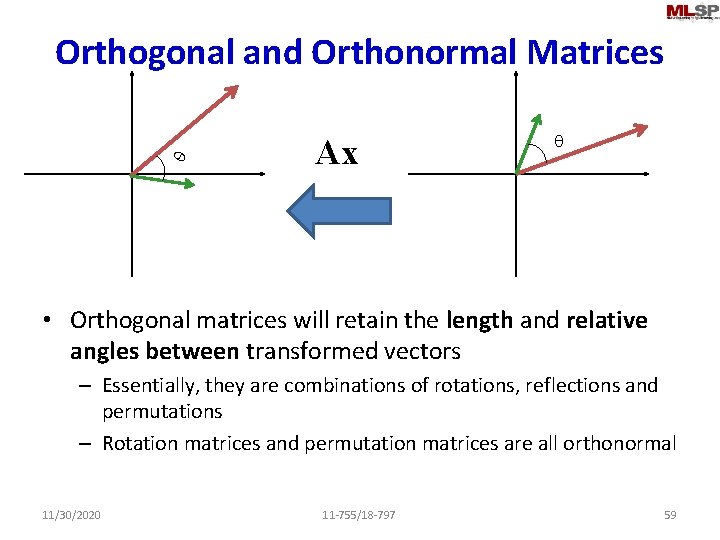 Orthogonal and Orthonormal Matrices q Ax q • Orthogonal matrices will retain the length