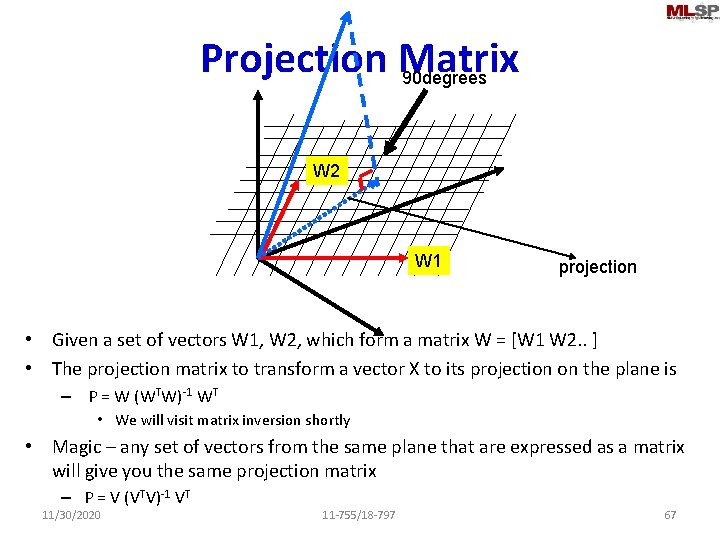 Projection Matrix 90 degrees W 2 W 1 projection • Given a set of