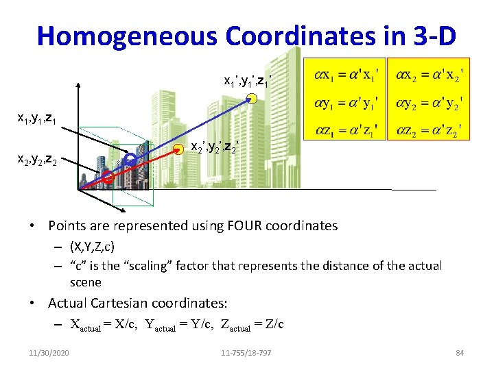 Homogeneous Coordinates in 3 -D x 1’, y 1’, z 1’ x 1, y