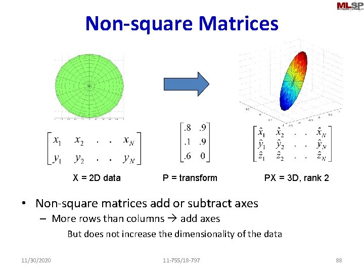 Non-square Matrices X = 2 D data P = transform PX = 3 D,