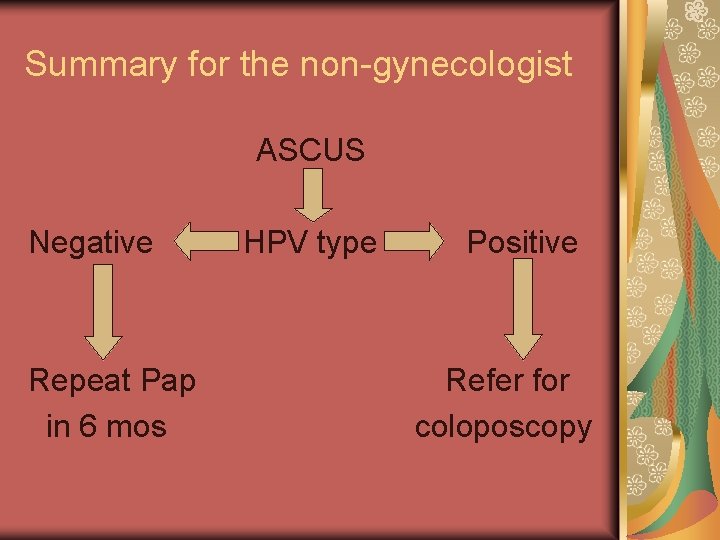 Summary for the non-gynecologist ASCUS Negative Repeat Pap in 6 mos HPV type Positive