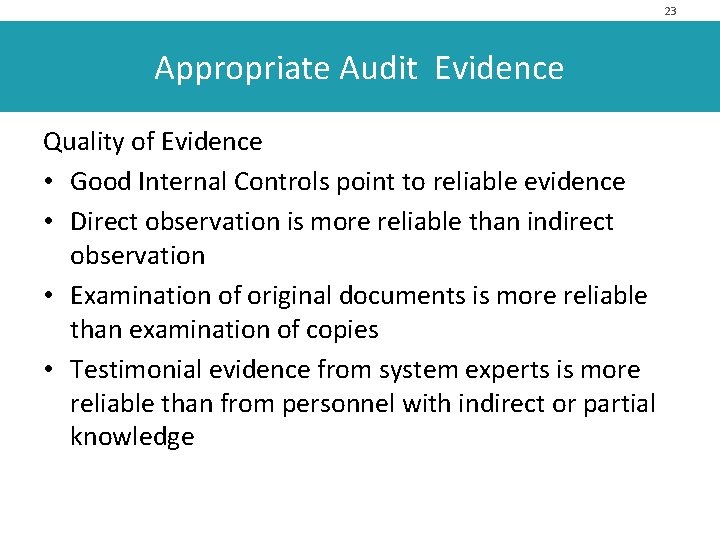 23 Appropriate Audit Evidence Quality of Evidence • Good Internal Controls point to reliable