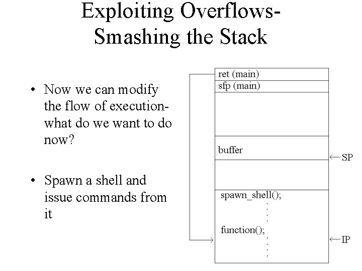 Exploiting Overflows. Smashing the Stack • Now we can modify the flow of executionwhat Exploiting Overflows. Smashing the Stack • Now we can modify the flow of executionwhat