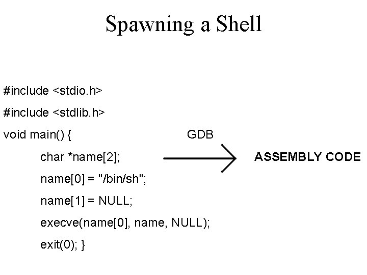 Spawning a Shell #include <stdio. h> #include <stdlib. h> void main() { GDB char Spawning a Shell #include <stdio. h> #include <stdlib. h> void main() { GDB char