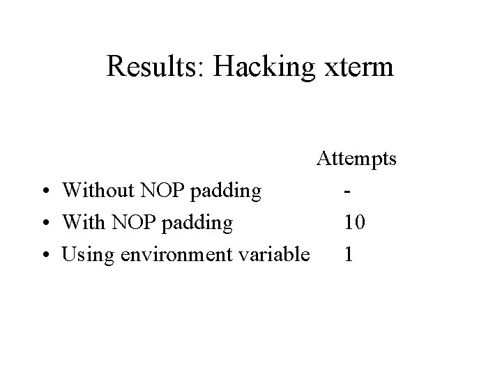 Results: Hacking xterm Attempts • Without NOP padding • With NOP padding 10 • Results: Hacking xterm Attempts • Without NOP padding • With NOP padding 10 •