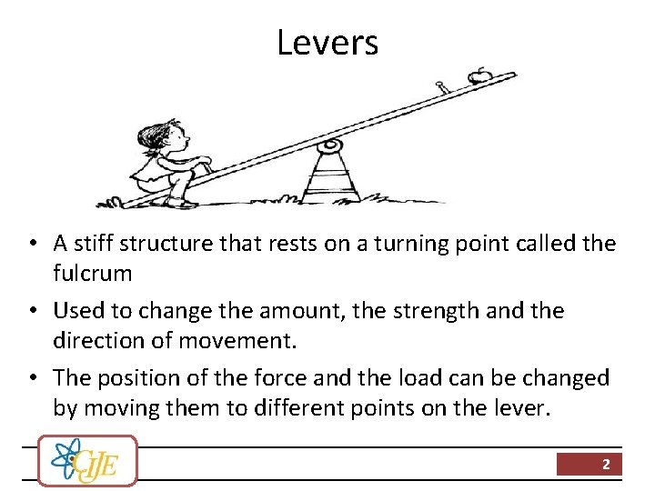 Levers • A stiff structure that rests on a turning point called the fulcrum