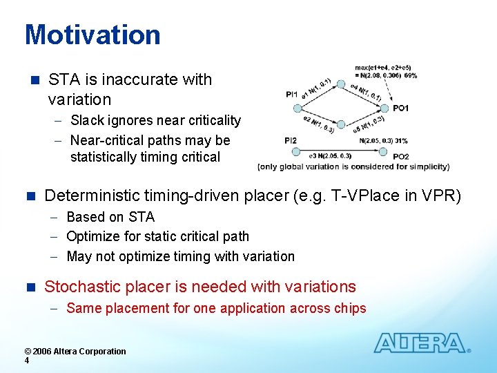 Motivation n STA is inaccurate with variation - Slack ignores near criticality - Near-critical