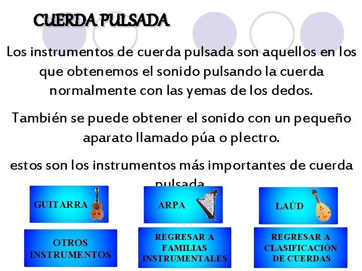 CUERDA PULSADA Los instrumentos de cuerda pulsada son aquellos en los que obtenemos el