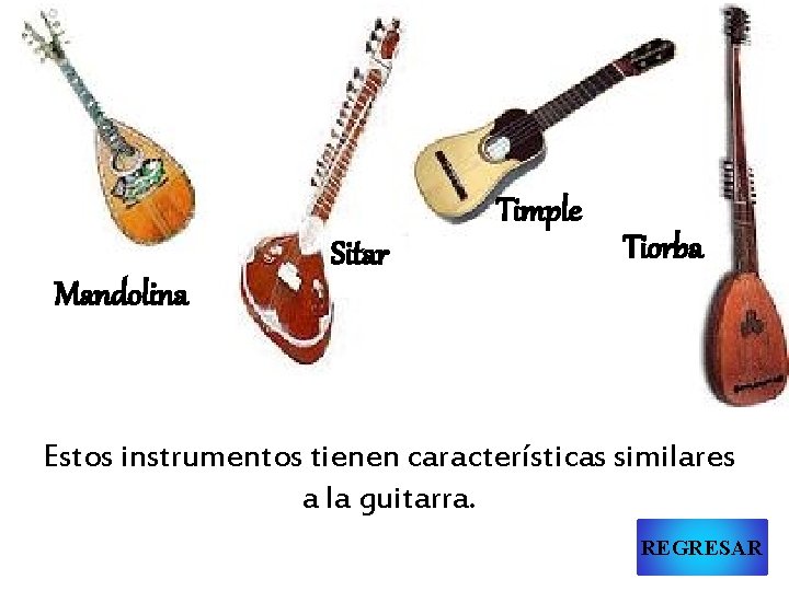 Timple Sitar Tiorba Mandolina Estos instrumentos tienen características similares a la guitarra. REGRESAR 