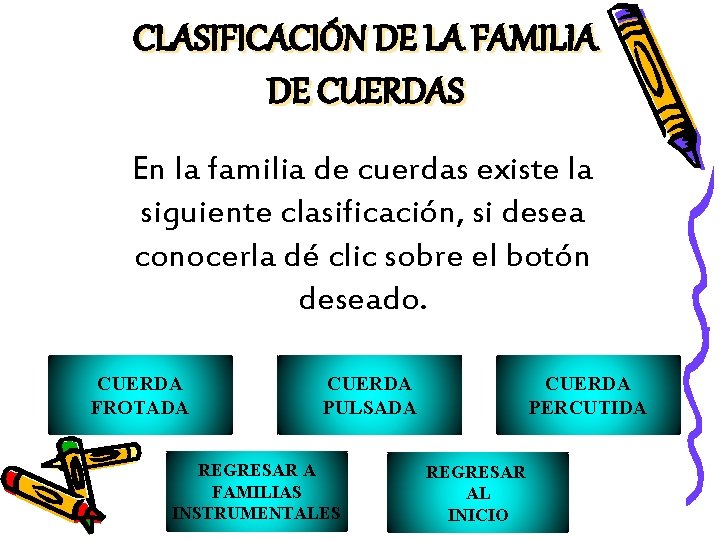 CLASIFICACIÓN DE LA FAMILIA DE CUERDAS En la familia de cuerdas existe la siguiente