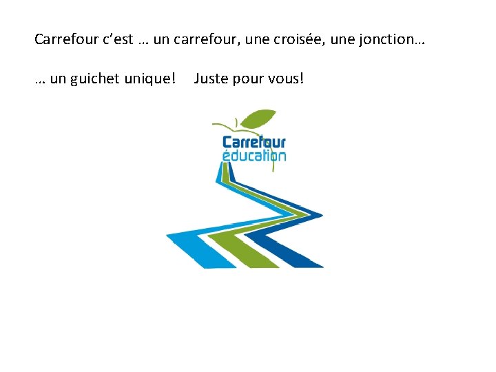 Carrefour c’est … un carrefour, une croisée, une jonction… … un guichet unique! Juste