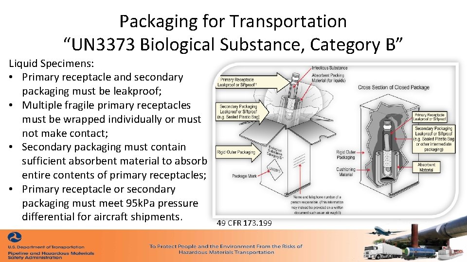 Packaging for Transportation “UN 3373 Biological Substance, Category B” Liquid Specimens: • Primary receptacle Packaging for Transportation “UN 3373 Biological Substance, Category B” Liquid Specimens: • Primary receptacle