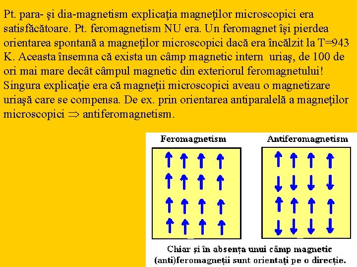 Pt. para- şi dia-magnetism explicaţia magneţilor microscopici era satisfăcătoare. Pt. feromagnetism NU era. Un