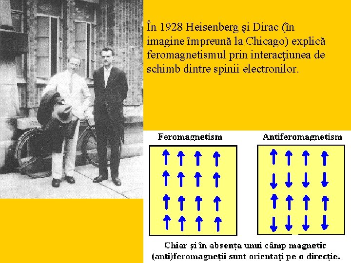 În 1928 Heisenberg şi Dirac (în imagine împreună la Chicago) explică feromagnetismul prin interacţiunea