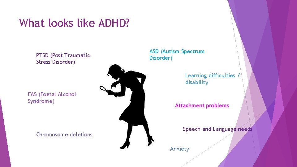 What looks like ADHD? PTSD (Post Traumatic Stress Disorder) ASD (Autism Spectrum Disorder) Learning
