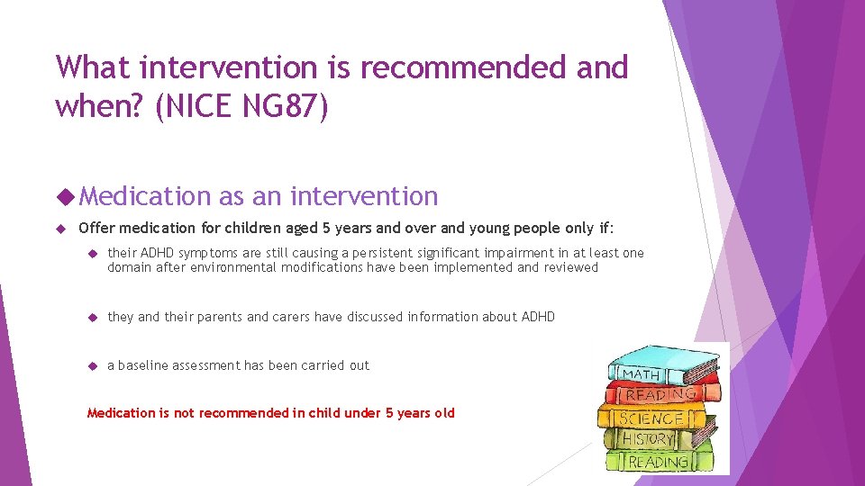 What intervention is recommended and when? (NICE NG 87) Medication as an intervention Offer