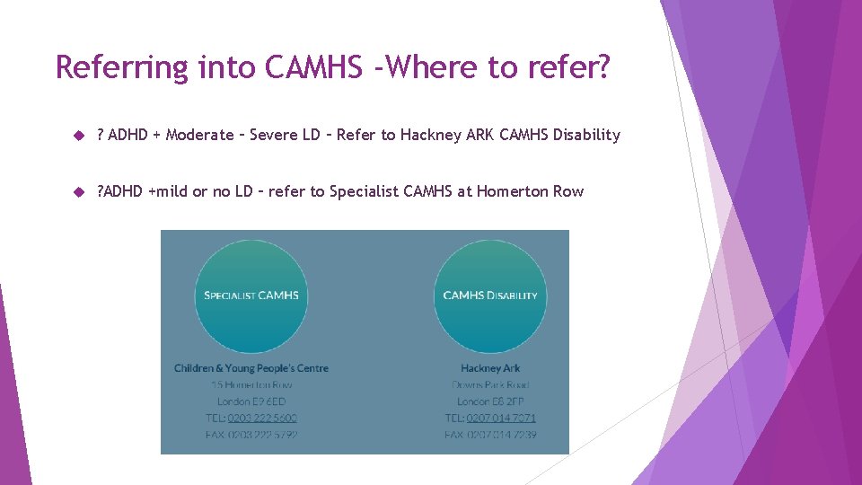 Referring into CAMHS -Where to refer? ? ADHD + Moderate – Severe LD –