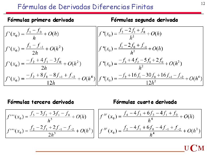 Fórmulas de Derivadas Diferencias Finitas Fórmulas primera derivada Fórmulas segunda derivada Fórmulas tercera derivada Fórmulas de Derivadas Diferencias Finitas Fórmulas primera derivada Fórmulas segunda derivada Fórmulas tercera derivada