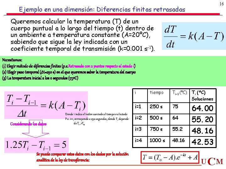 16 Ejemplo en una dimensión: Diferencias finitas retrasadas Queremos calcular la temperatura (T) de 16 Ejemplo en una dimensión: Diferencias finitas retrasadas Queremos calcular la temperatura (T) de