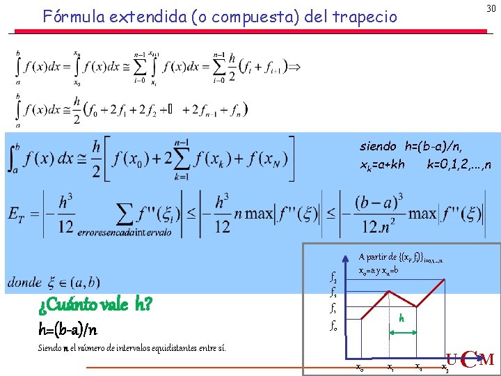 30 Fórmula extendida (o compuesta) del trapecio siendo h=(b-a)/n, xk=a+kh k=0, 1, 2, . 30 Fórmula extendida (o compuesta) del trapecio siendo h=(b-a)/n, xk=a+kh k=0, 1, 2, .