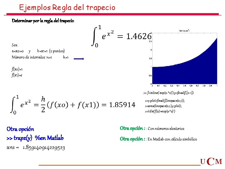 Ejemplos Regla del trapecio Determinar por la regla del trapecio: Sea: a=x 0=0 y Ejemplos Regla del trapecio Determinar por la regla del trapecio: Sea: a=x 0=0 y