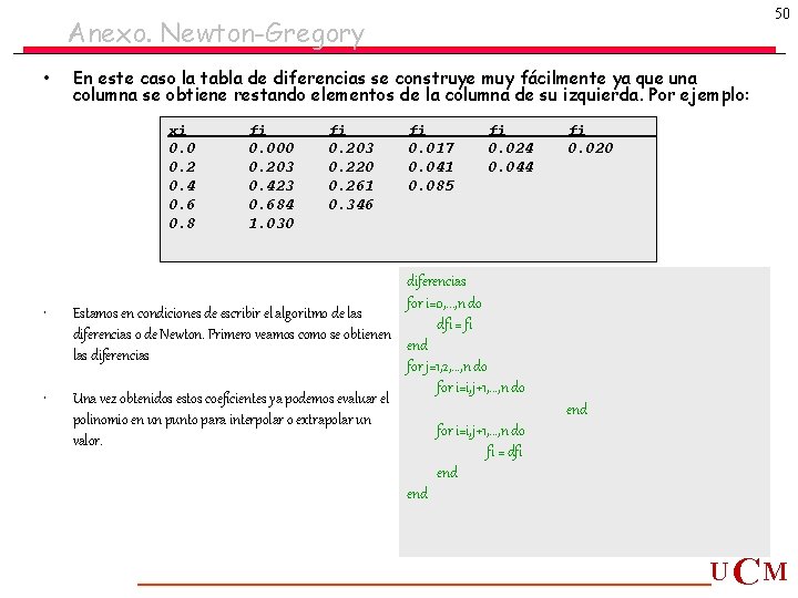 50 Anexo. Newton-Gregory • En este caso la tabla de diferencias se construye muy 50 Anexo. Newton-Gregory • En este caso la tabla de diferencias se construye muy