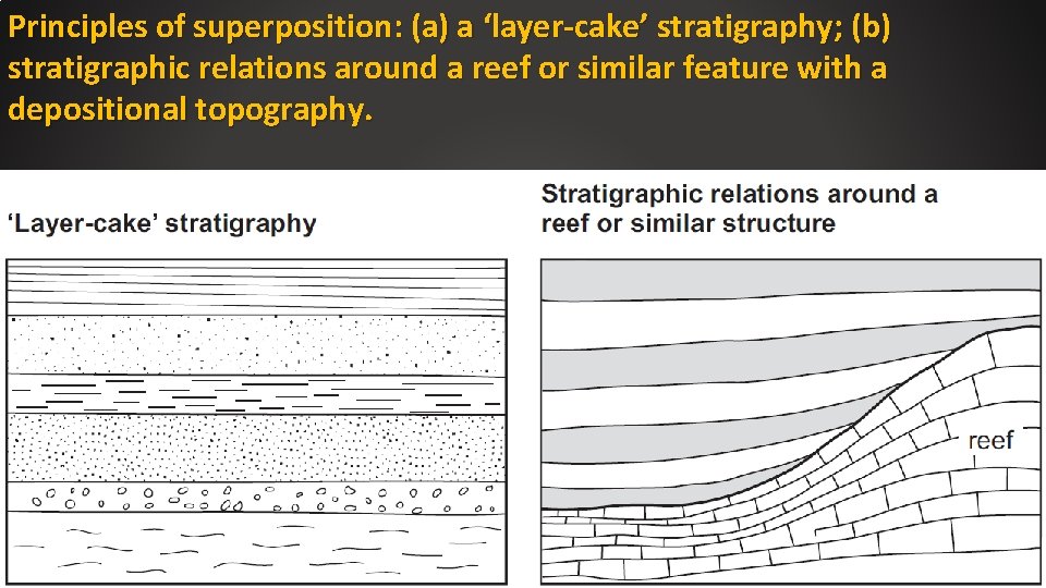 Principles of superposition: (a) a ‘layer-cake’ stratigraphy; (b) stratigraphic relations around a reef or