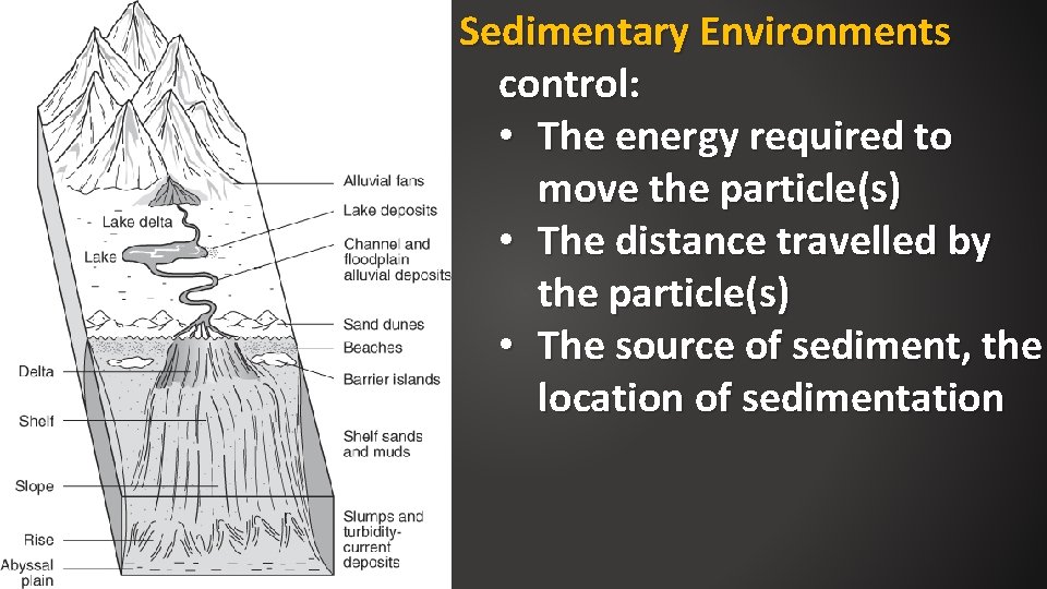Sedimentary Environments control: • The energy required to move the particle(s) • The distance