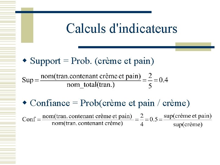 Calculs d'indicateurs w Support = Prob. (crème et pain) w Confiance = Prob(crème et