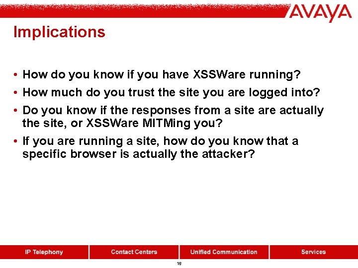 Implications • How do you know if you have XSSWare running? • How much