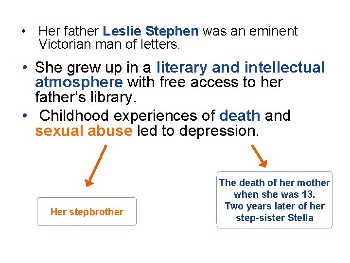  • Her father Leslie Stephen was an eminent Victorian man of letters. •