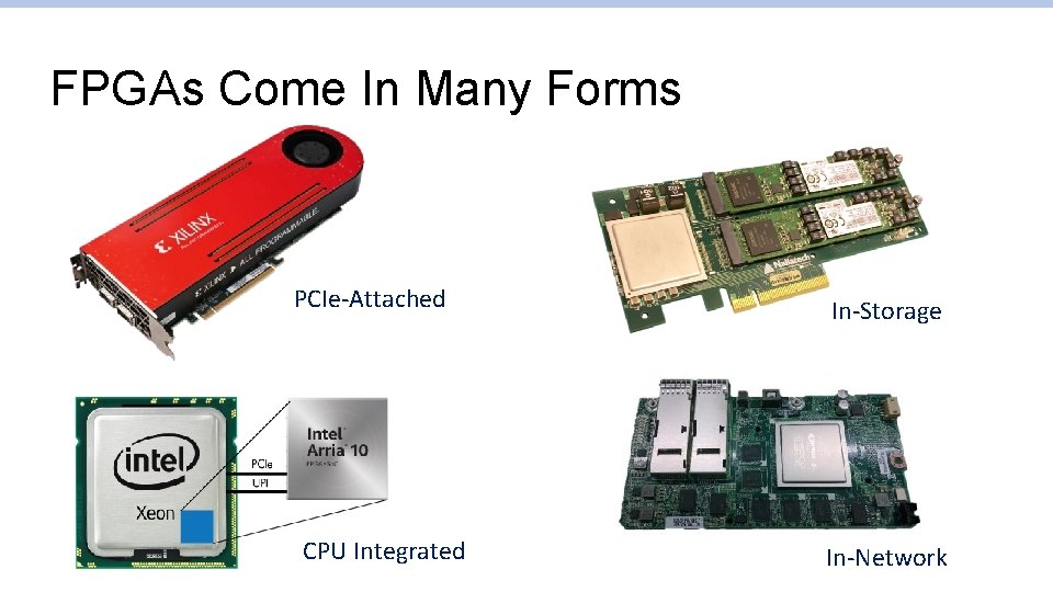 FPGAs Come In Many Forms PCIe-Attached CPU Integrated In-Storage In-Network 