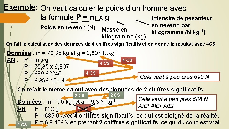 Exemple: On veut calculer le poids d’un homme avec la formule P = m Exemple: On veut calculer le poids d’un homme avec la formule P = m