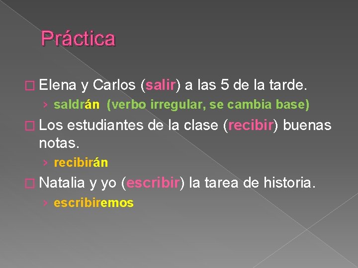 Práctica � Elena y Carlos (salir) a las 5 de la tarde. › saldrán