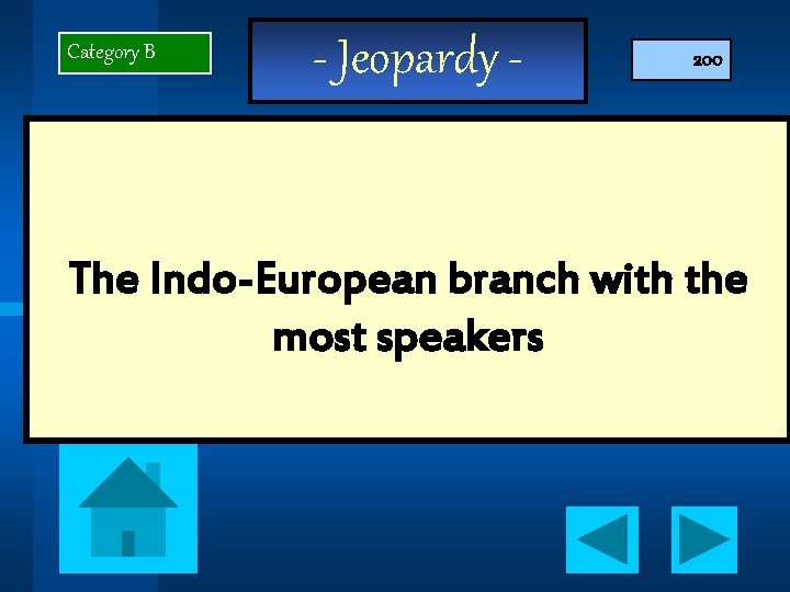 Category B - Jeopardy - 200 The Indo-European branch with the most speakers 