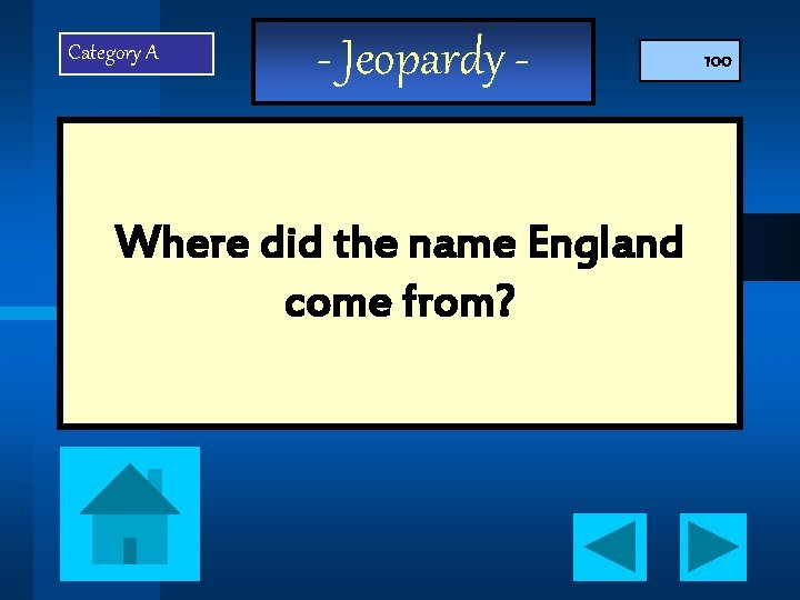 Category A - Jeopardy - Where did the name England come from? 100 