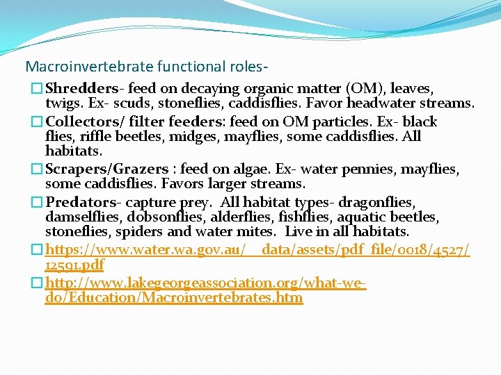 Macroinvertebrate functional roles�Shredders- feed on decaying organic matter (OM), leaves, twigs. Ex- scuds, stoneflies,