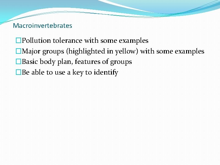 Macroinvertebrates �Pollution tolerance with some examples �Major groups (highlighted in yellow) with some examples